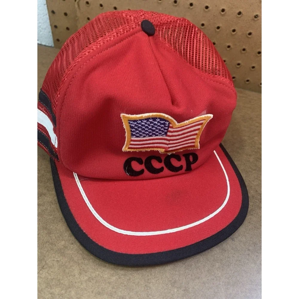 Vintage Men's Hat‎ Red 3 stripe SnapBack Trucker Hat CCCP American Flag